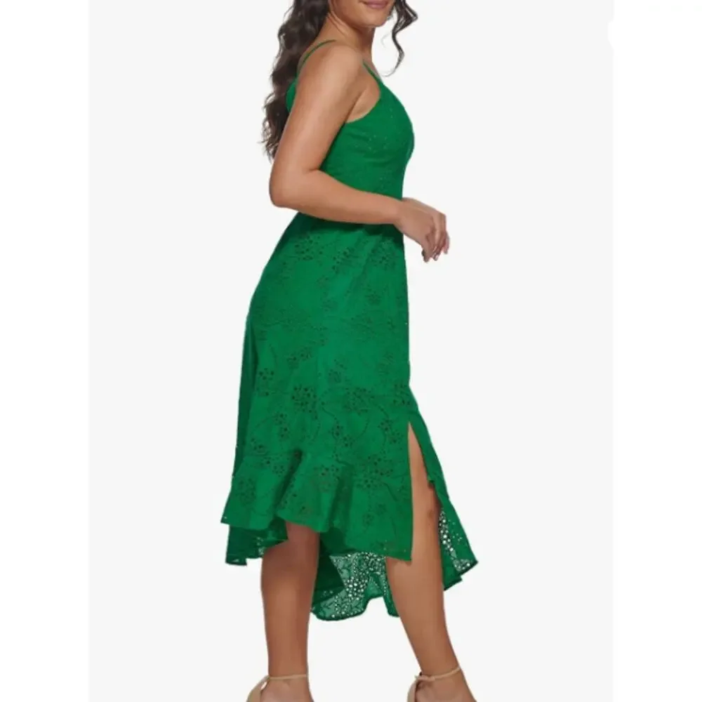 Guess Cotton Eyelet Asymmetric Midi Dress Women Size‎ 8 Green Contemporary Party